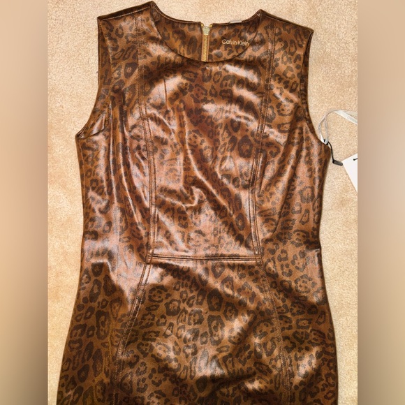 CALVIN KLEIN NWT Vegan Faux Leather Lined Sheath Dress Bodycon leopard cheetah - Picture 2 of 7